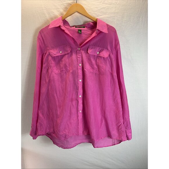 VTG Lauren Ralph Lauren 2X Silk Blend roll tab Blouse top Hot Pink Button up‎ - Picture 1 of 7